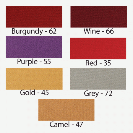 Seven Simonis 860 cloth swatches: Burgundy, Wine, Purple, Red, Gold, Grey & Camel.
