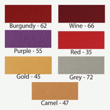 Seven Simonis 860 cloth swatches: Burgundy, Wine, Purple, Red, Gold, Grey & Camel.