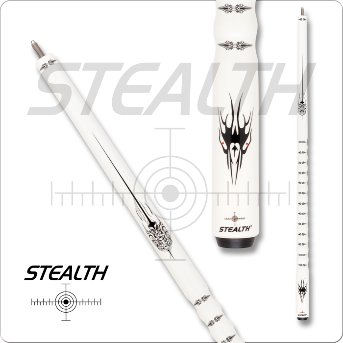 White archery bow with black designs and 'Stealth' branding on a white background.