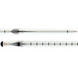 White pool cue with black design on a white background