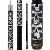 Pool cue with skull design and 'Stealth' branding on a white background
