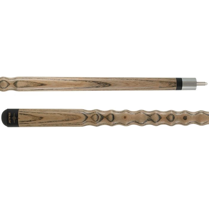 Wooden pool cue with a black tip on a white background