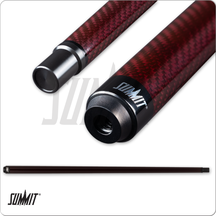 Red and black pool cue with Summit branding on a white background