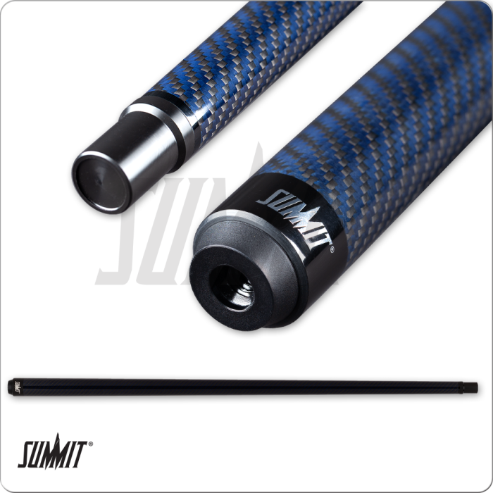 Blue carbon fiber pool cue with Summit branding on a white background