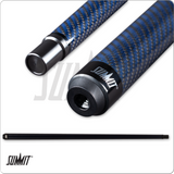 Blue carbon fiber pool cue with Summit branding on a white background
