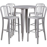 Flash Furniture Commercial Grade 30" Round Silver Metal Indoor-Outdoor Bar Table Set with 4 Vertical Slat Back Stools