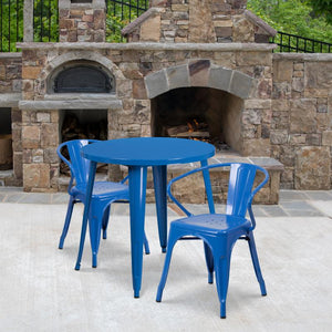Flash Furniture Commercial Grade 30" Round Blue Metal Indoor-Outdoor Table Set with 2 Arm Chairs