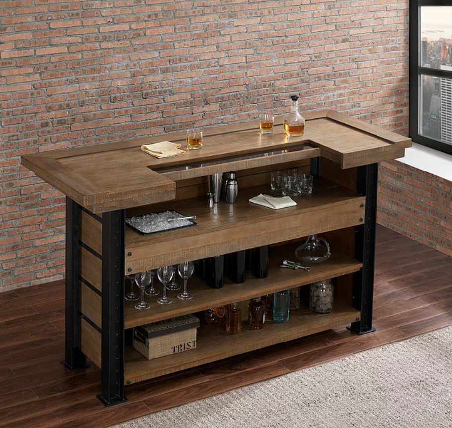 American Heritage Billiards Gateway Bar with shelves for bottles and glasses in loft-style decor.