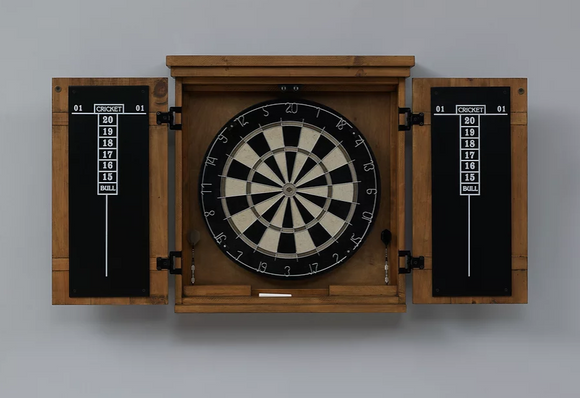American Heritage Billiards Gateway Dart Board cabinet with scoreboards on a gray wall.