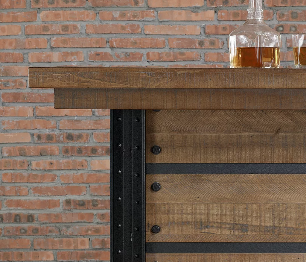 American Heritage Billiards Gateway Bar displayed with a whiskey decanter on reclaimed wood.