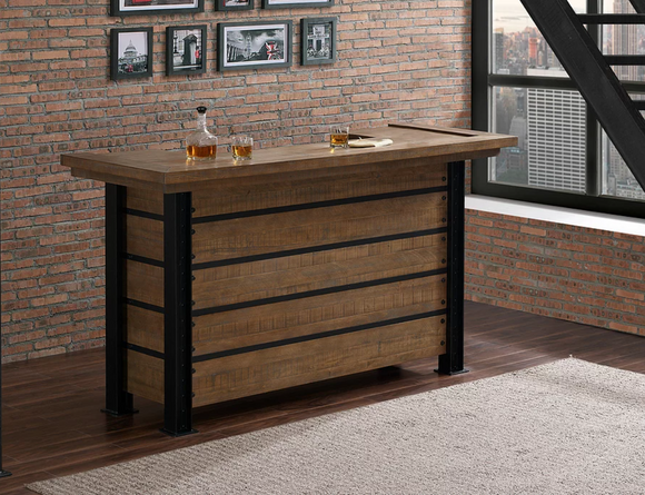 American Heritage Billiards Gateway Bar with metal accents, glassware, and decanter in a loft space.