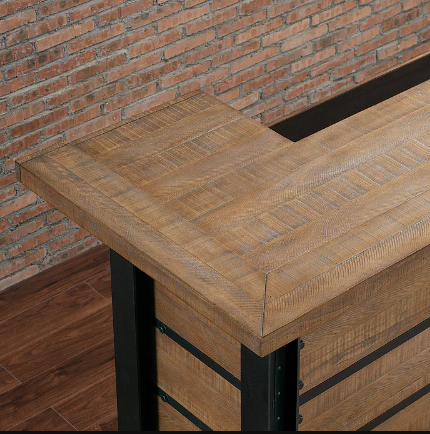 American Heritage Billiards Gateway Bar with L-shaped counter set by brick wall and wood floor.