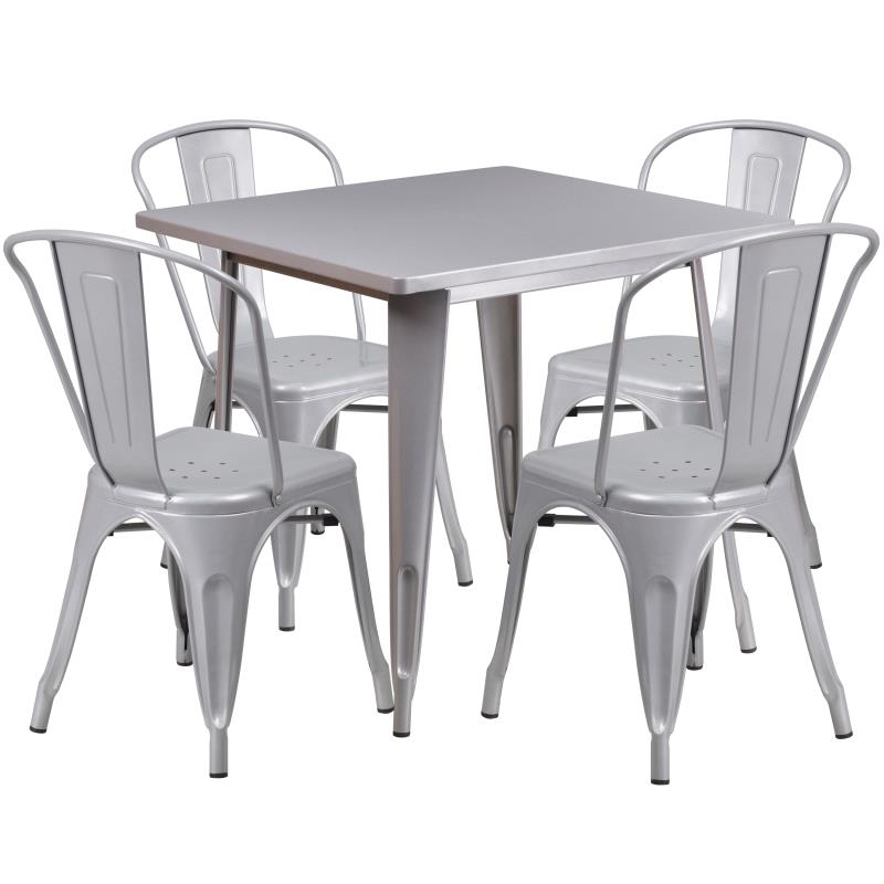 Flash Furniture Commercial Grade 31.5" Square Silver Metal Indoor-Outdoor Table Set with 4 Stack Chairs