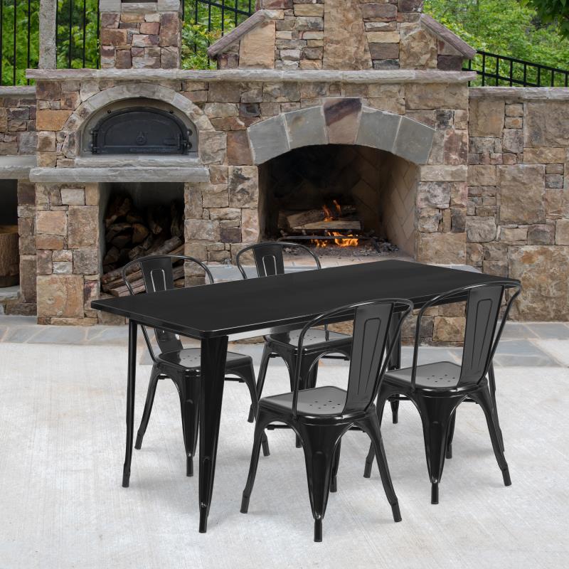 Flash Furniture Commercial Grade 31.5" x 63" Rectangular Black Metal Indoor-Outdoor Table Set with 4 Stack Chairs