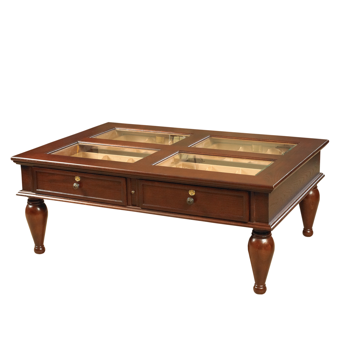 Quality Importers Glass Top Coffee Table Humidor in Mahogany