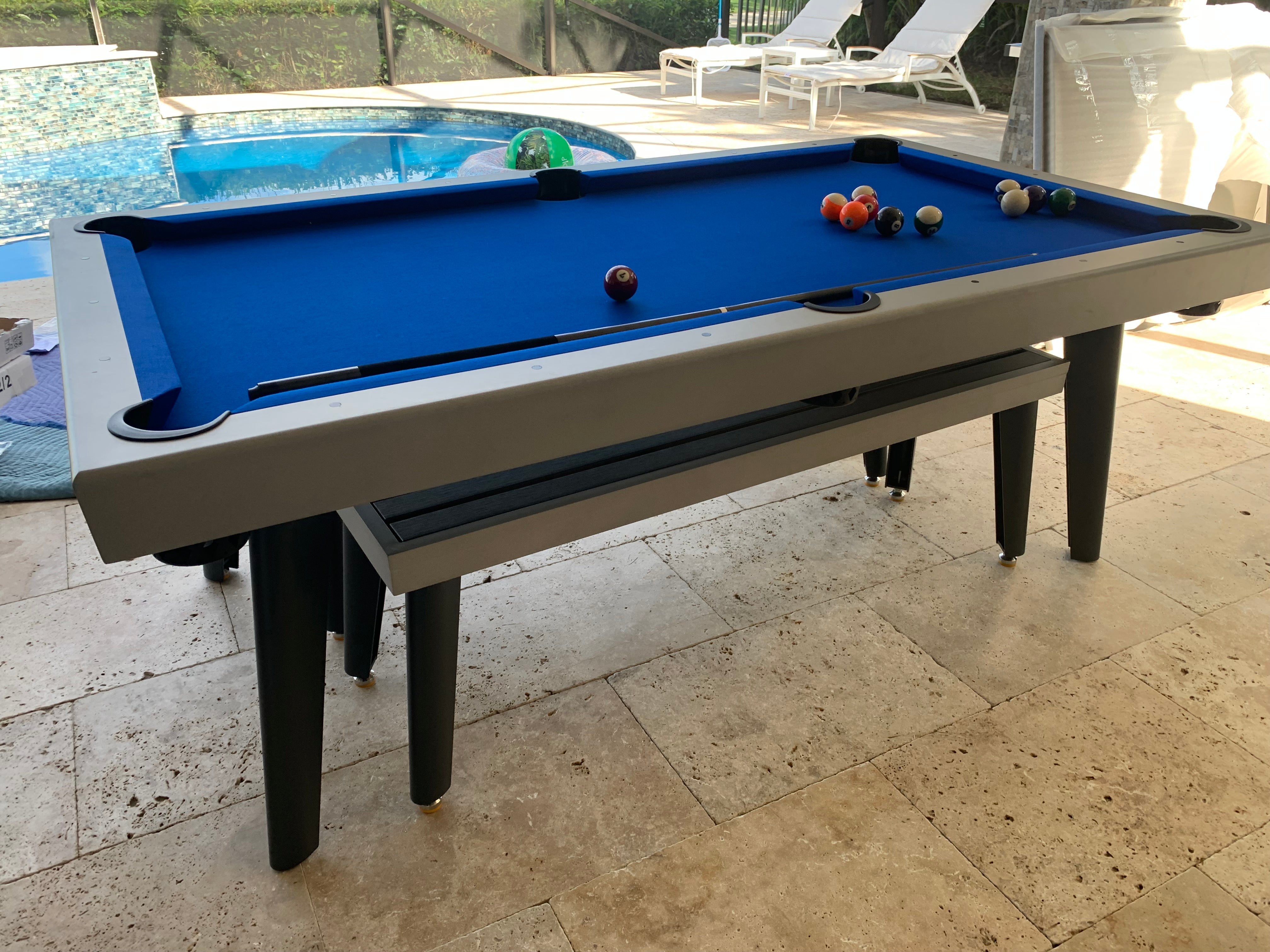 Playcraft Santorini 7’ Outdoor Slate Pool Table with Dining Top Benches and Ping Pong