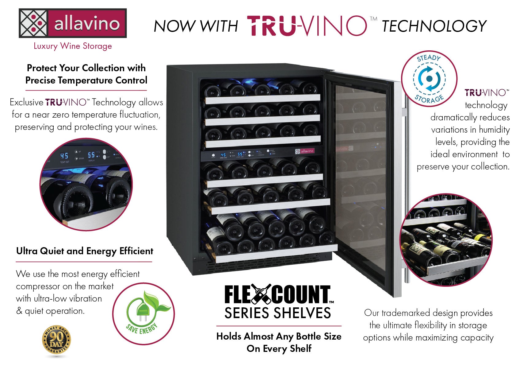 Allavino 24" Wide FlexCount II Tru-Vino 56 Bottle Dual Zone Stainless Steel Left Hinge Wine Refrigerator